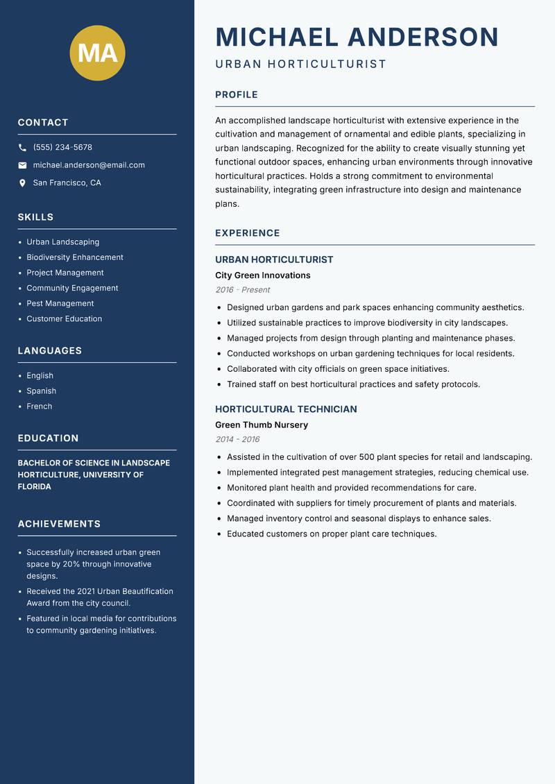Landscape Horticulturist Resume Preview Example