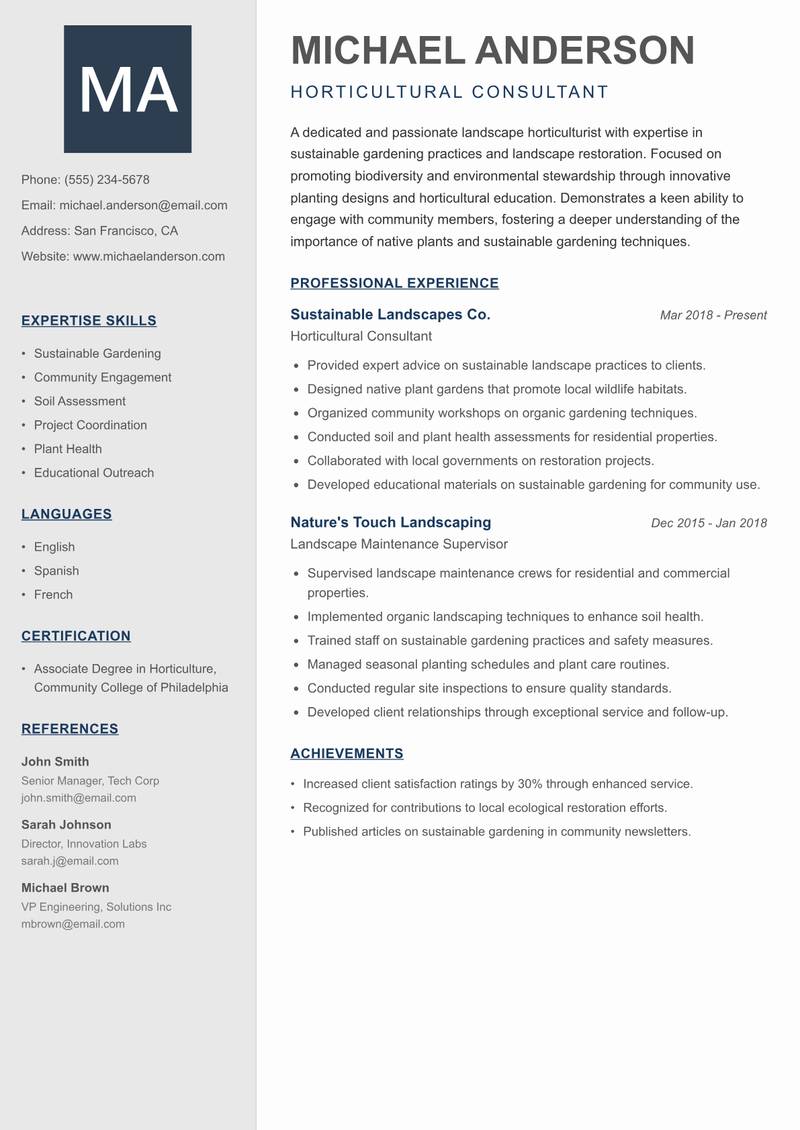 Landscape Horticulturist Resume Preview Example