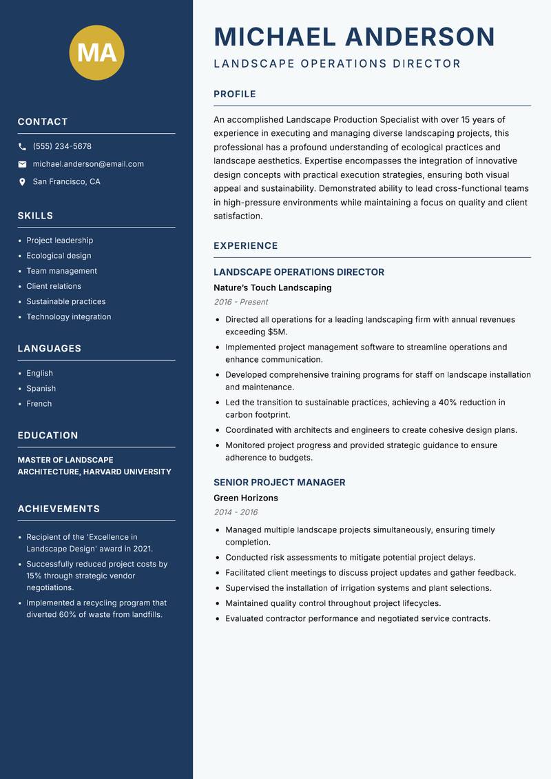 Landscape Production Specialist Resume Preview Example