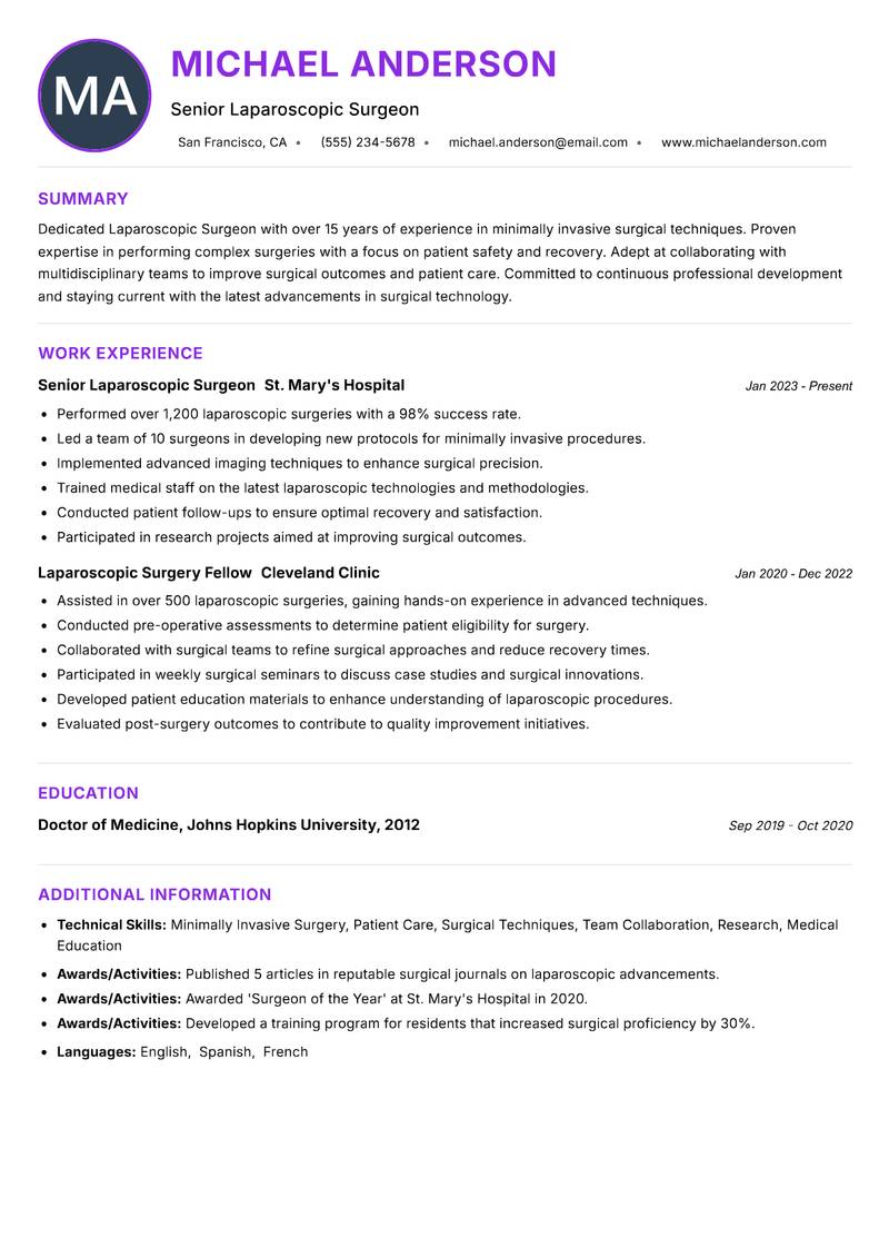 Laparoscopic Surgeon Resume Preview Example
