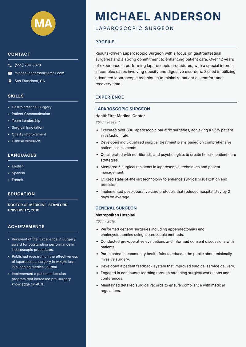 Laparoscopic Surgeon Resume Preview Example