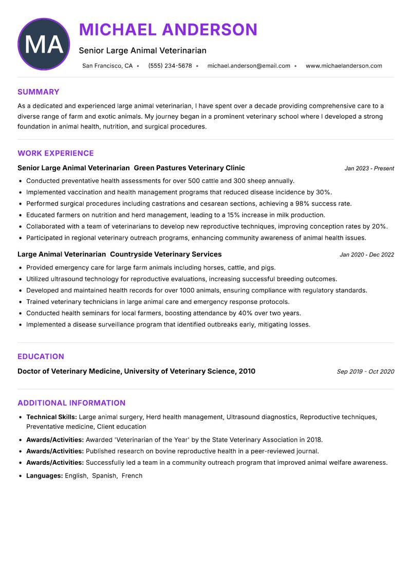 Large Animal Veterinarian Resume Preview Example