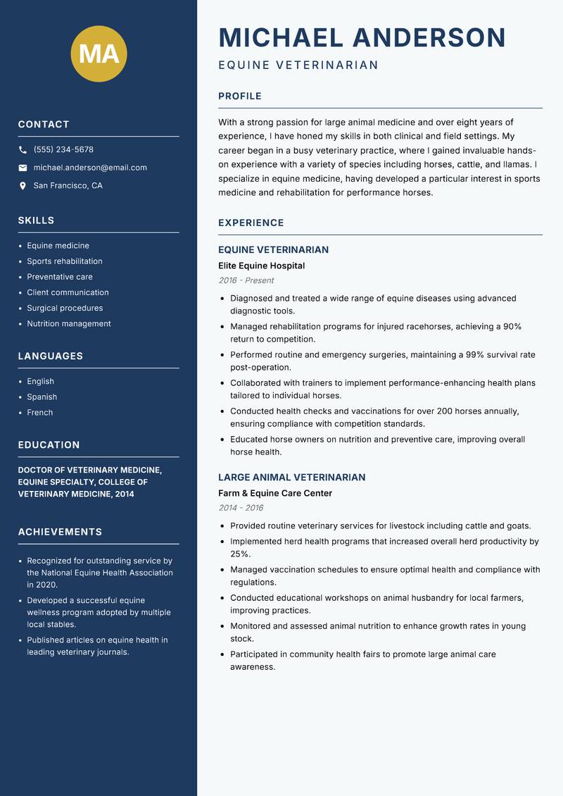 Large Animal Veterinarian Resume Preview Example