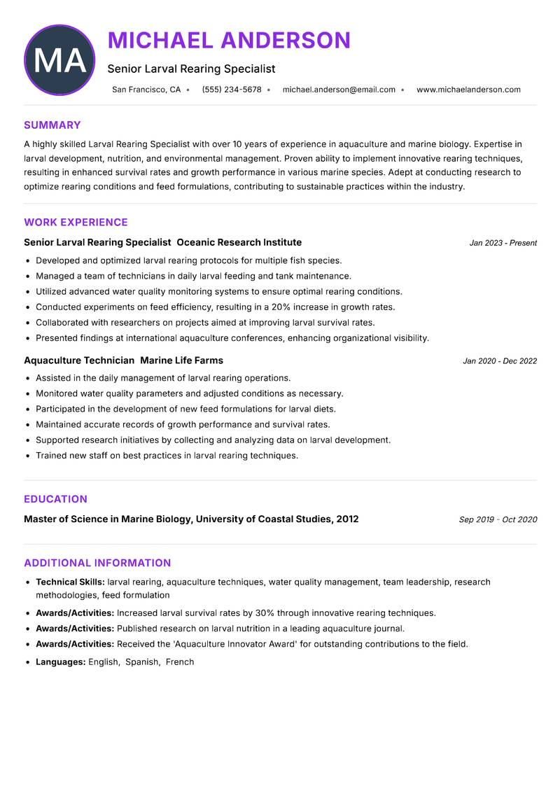 Larval Rearing Specialist Resume Preview Example