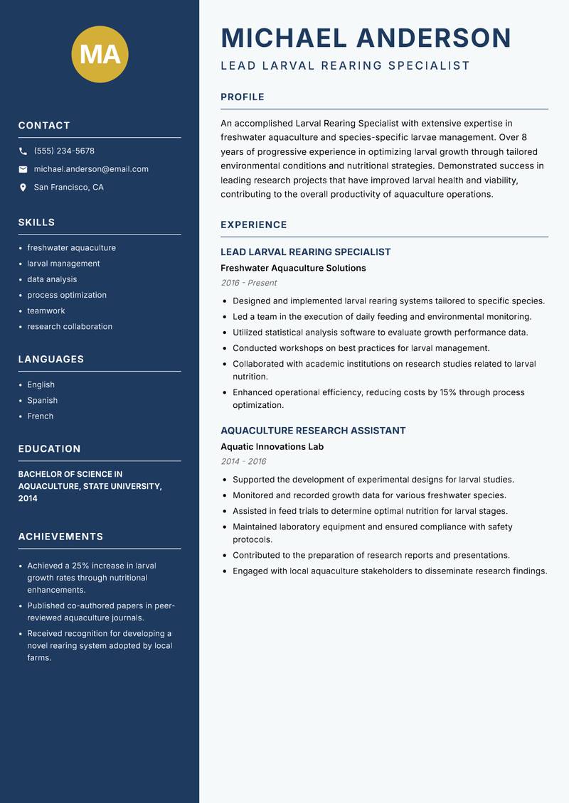 Larval Rearing Specialist Resume Preview Example