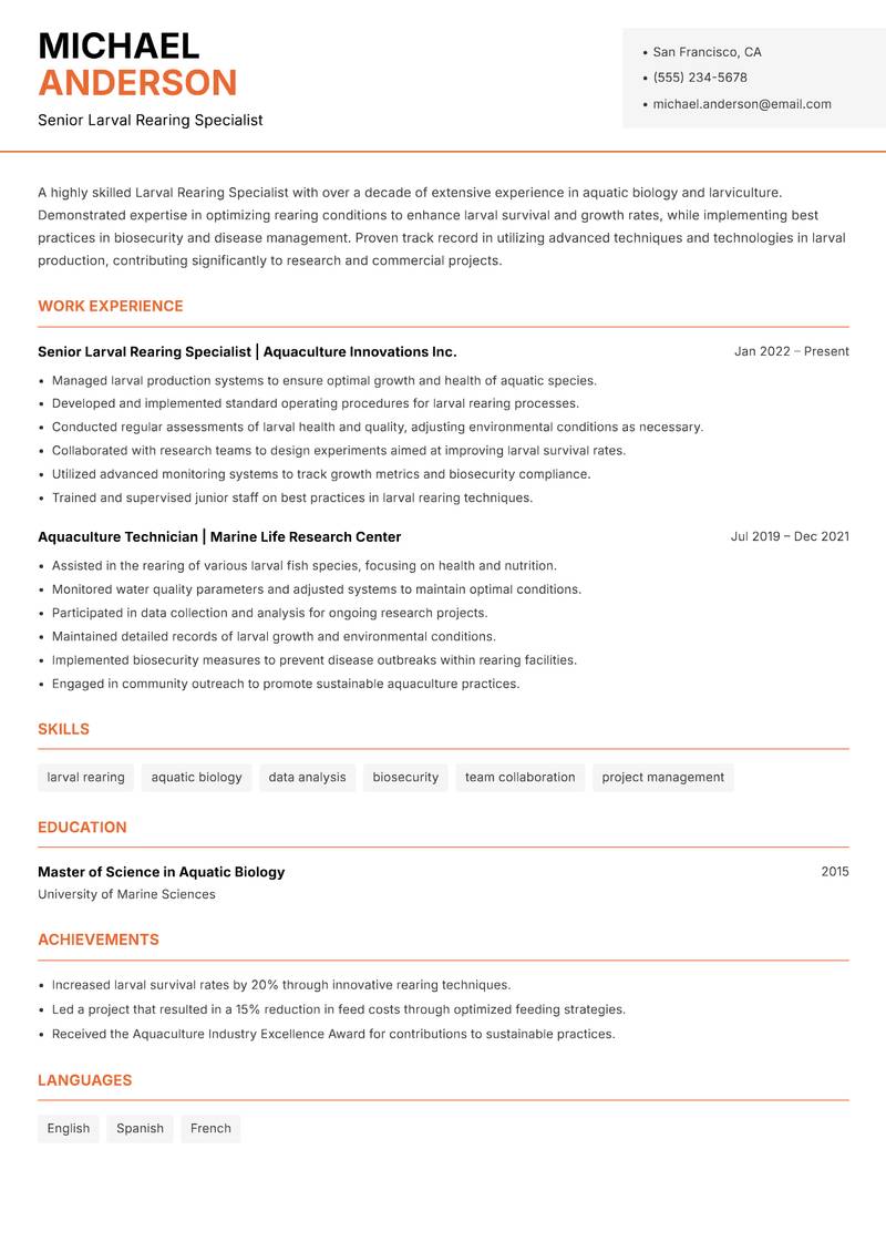 Larval Rearing Specialist Resume Template