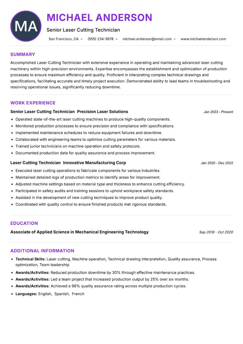 Laser Cutting Technician Resume Preview Example