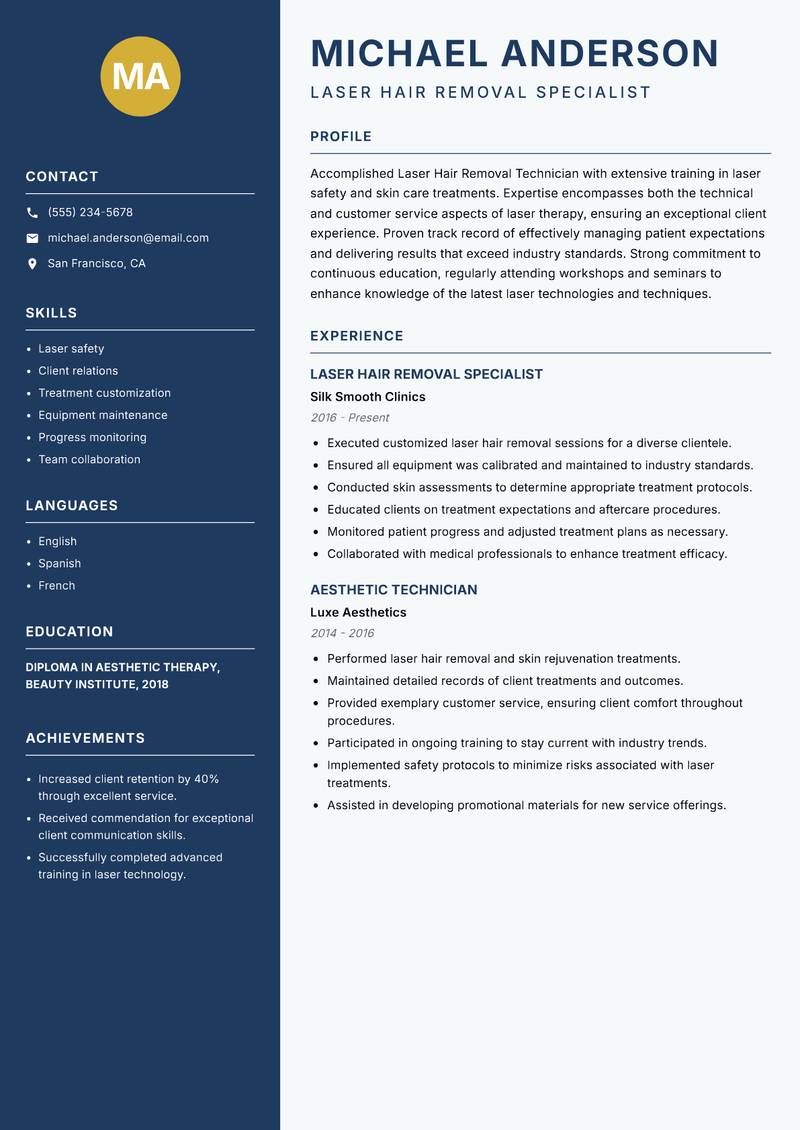 Laser Hair Removal Technician Resume Preview Example
