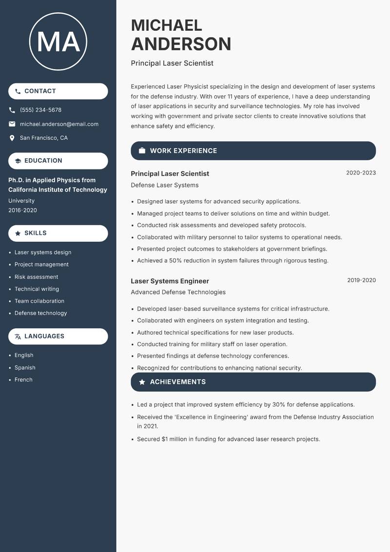 Laser Physicist Resume Preview Example