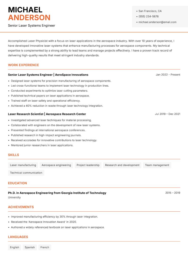 Laser Physicist Resume Template