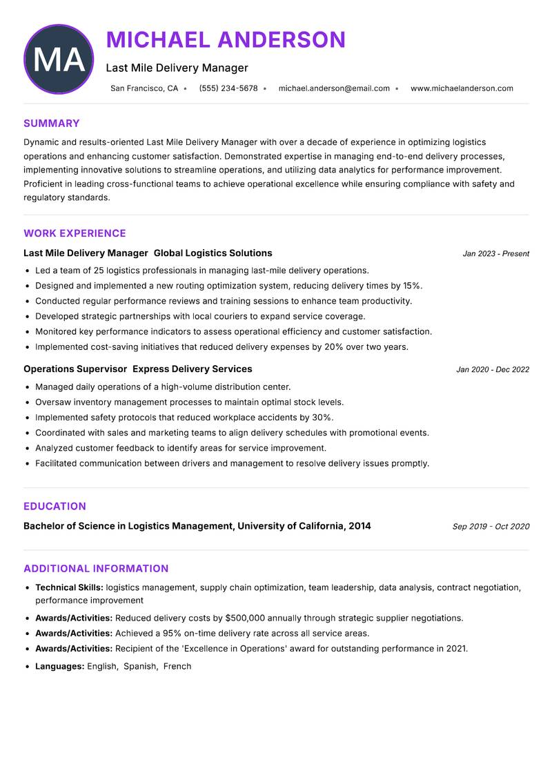 Last Mile Delivery Manager Resume Preview Example