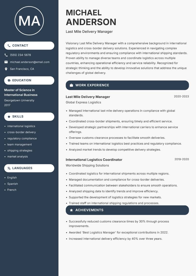 Last Mile Delivery Manager Resume Preview Example