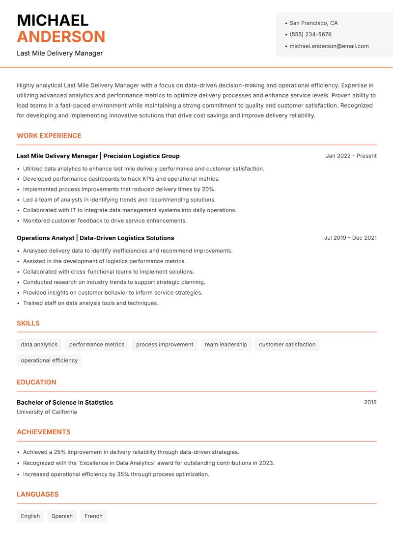 Last Mile Delivery Manager Resume Template
