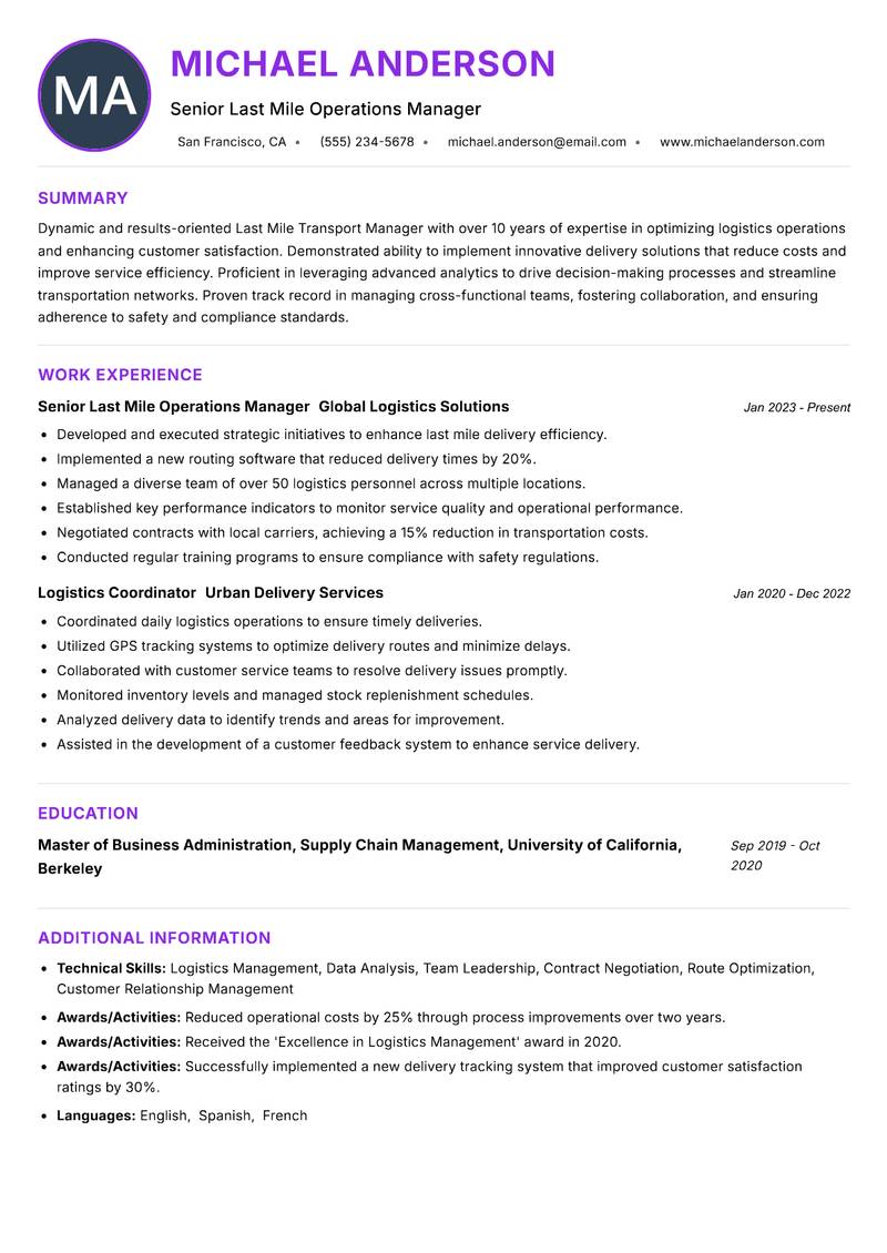 Last Mile Transport Manager Resume Preview Example