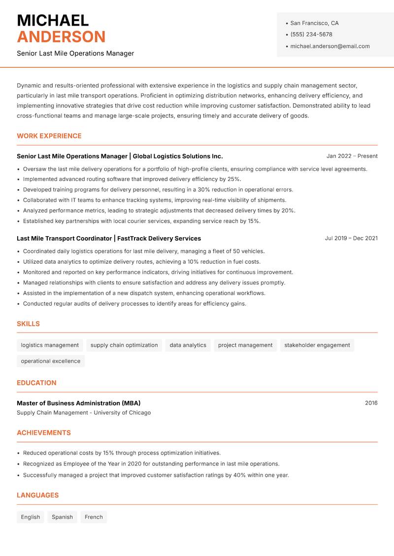 Last Mile Transport Manager Resume Template