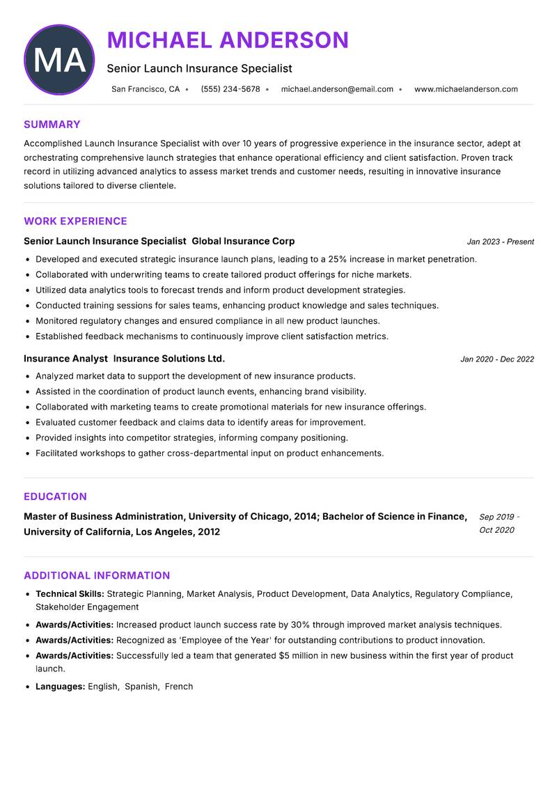 Launch Insurance Specialist Resume Preview Example