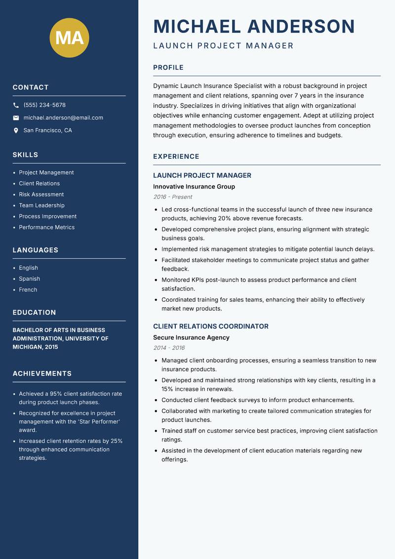 Launch Insurance Specialist Resume Preview Example