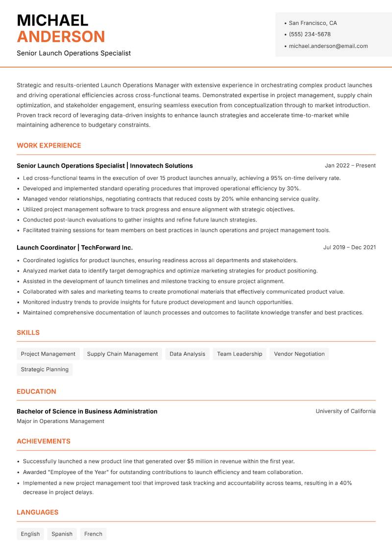 Launch Operations Manager Resume Template