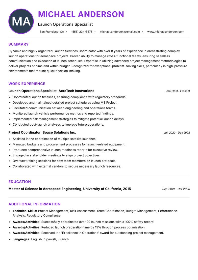 Launch Services Coordinator Resume Preview Example