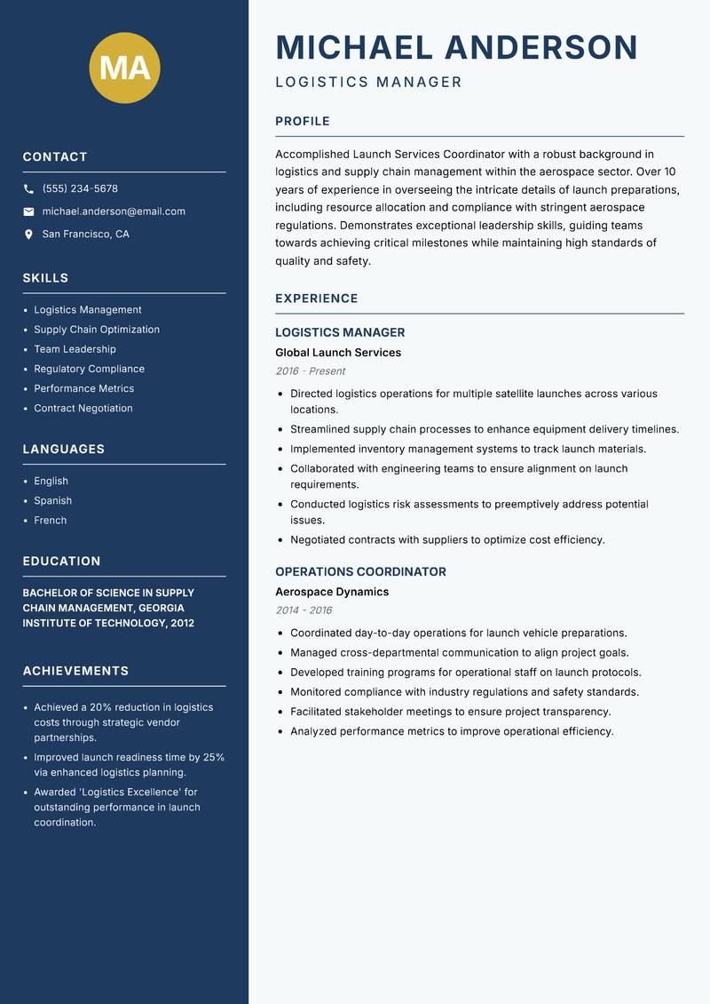 Launch Services Coordinator Resume Preview Example