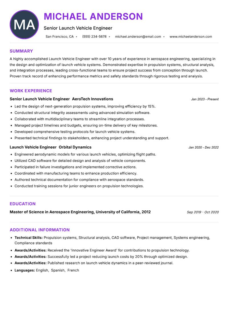 Launch Vehicle Engineer Resume Preview Example