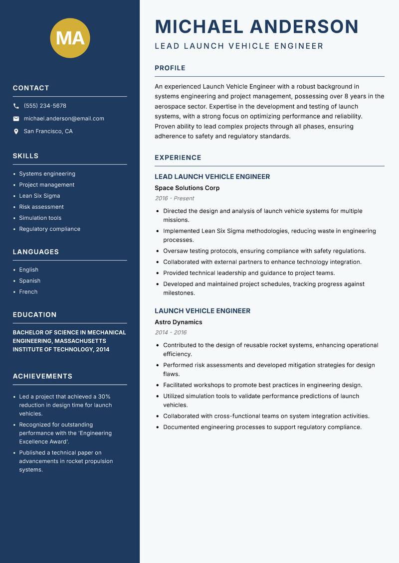 Launch Vehicle Engineer Resume Preview Example
