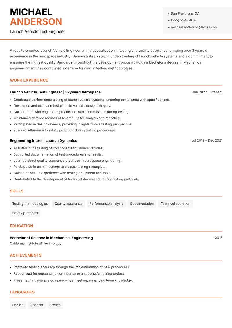 Launch Vehicle Engineer Resume Template