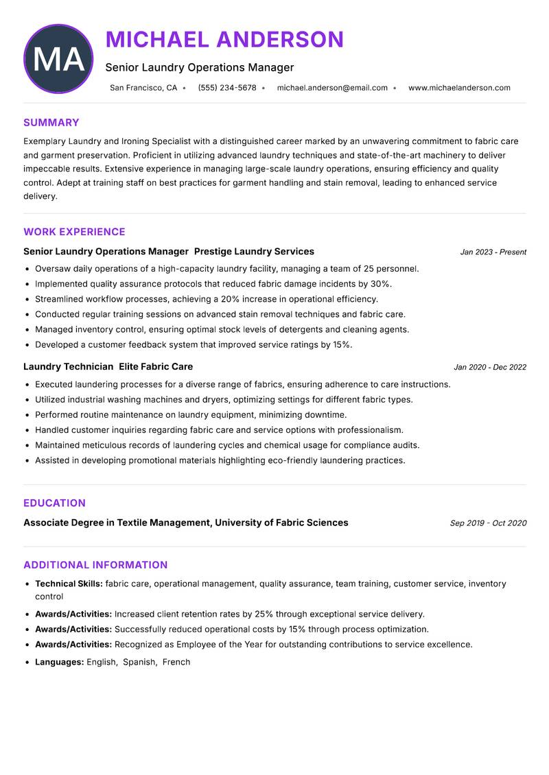 Laundry and Ironing Specialist Resume Preview Example