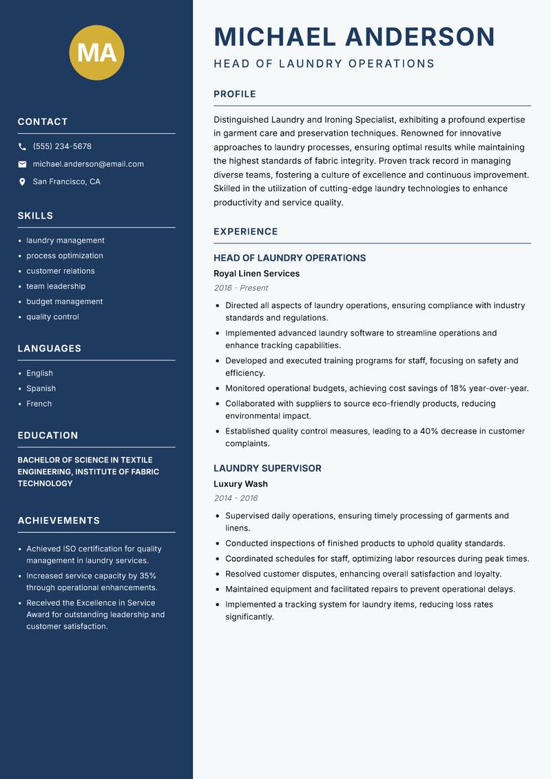 Laundry and Ironing Specialist Resume Preview Example