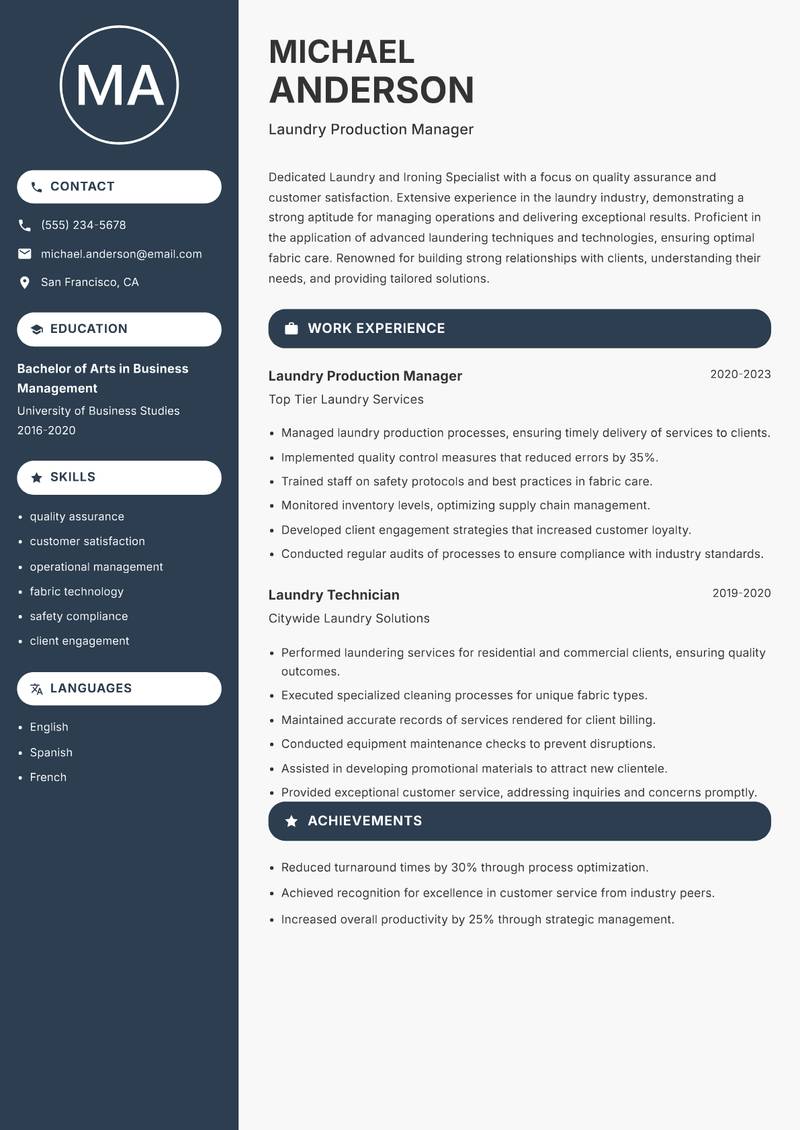 Laundry and Ironing Specialist Resume Preview Example