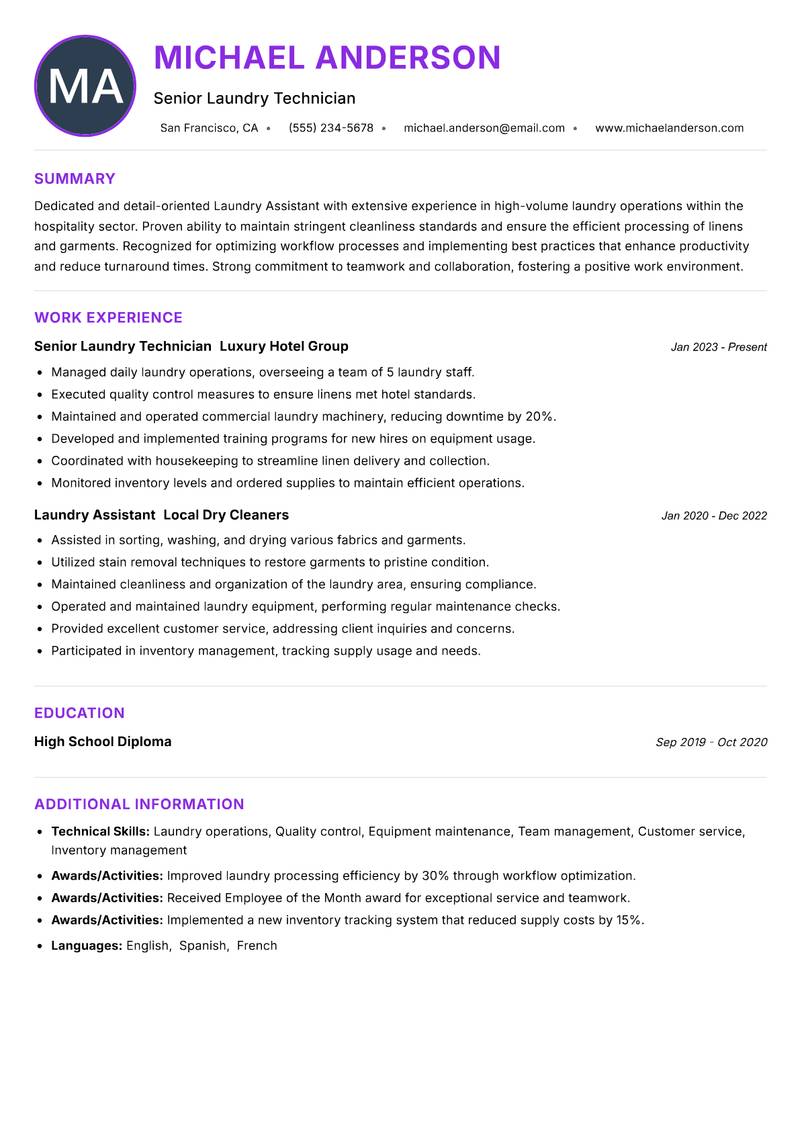 Laundry Assistant Resume Preview Example