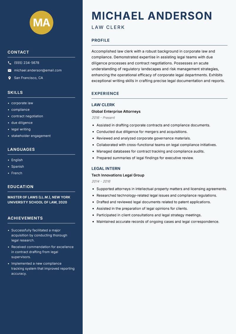 Law Clerk Resume Preview Example