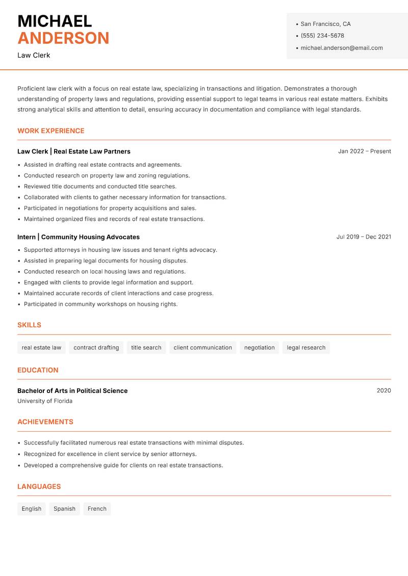 Law Clerk Resume Template