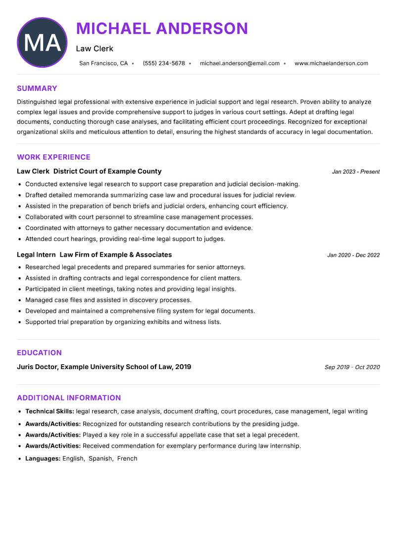 Law Clerk Judge Resume Preview Example