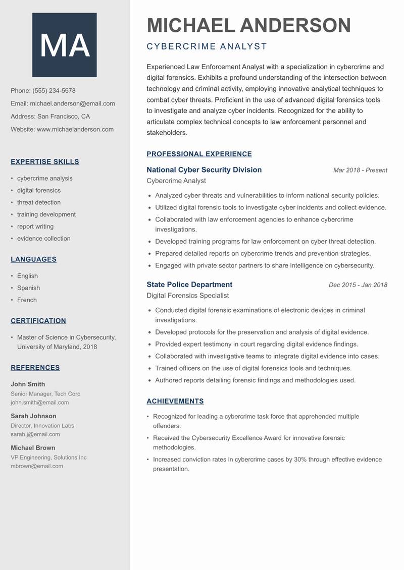 Law Enforcement Analyst Resume Preview Example