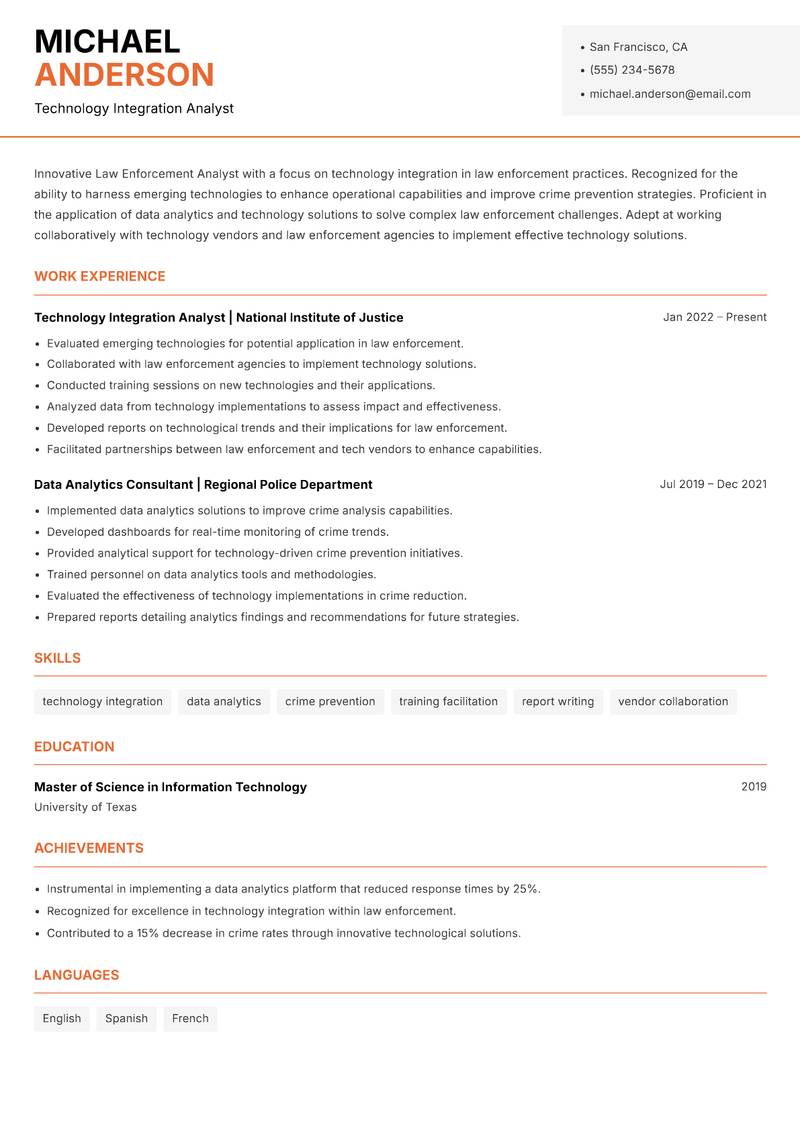 Law Enforcement Analyst Resume Template