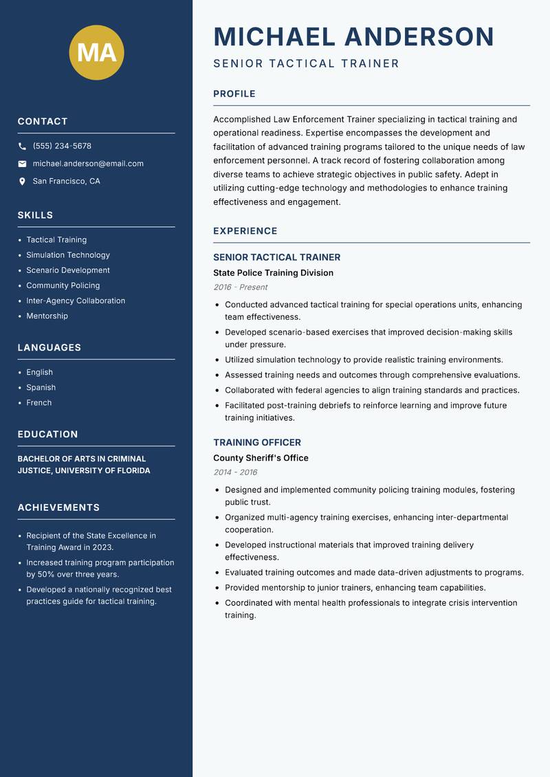 Law Enforcement Trainer Resume Preview Example