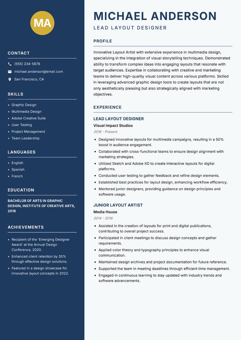 Layout Artist Resume Preview Example