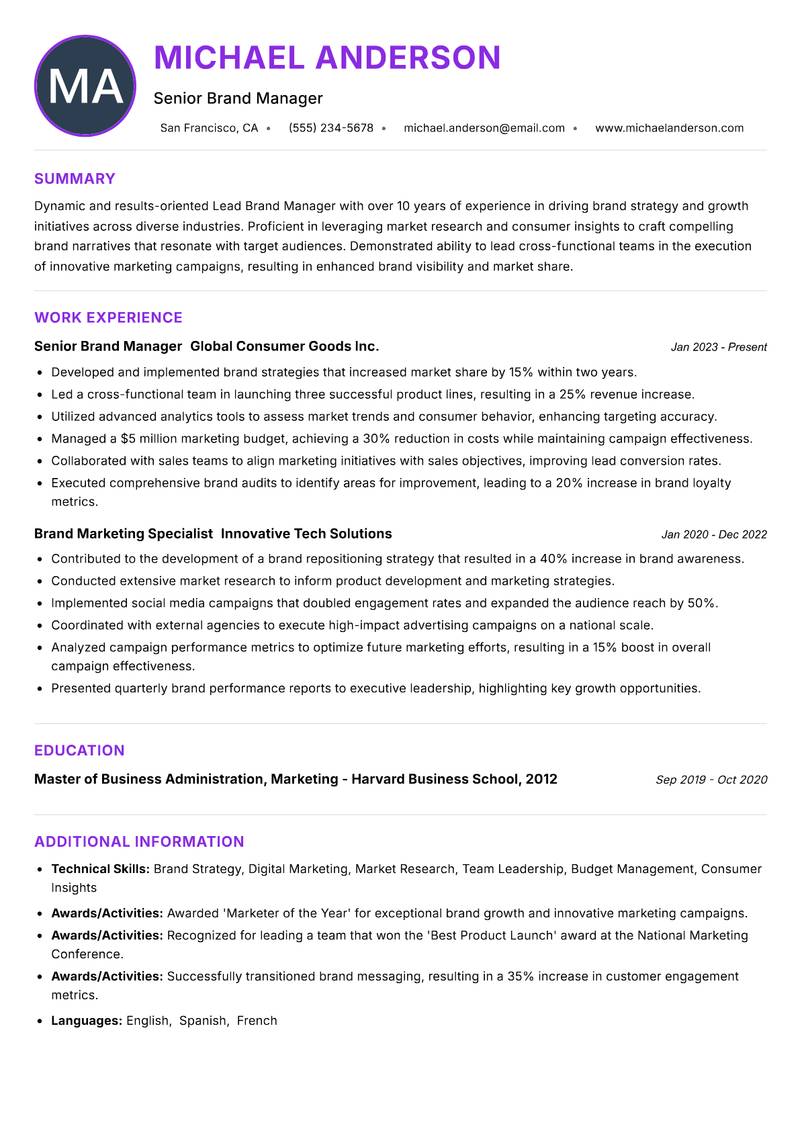 Lead Brand Manager Resume Preview Example