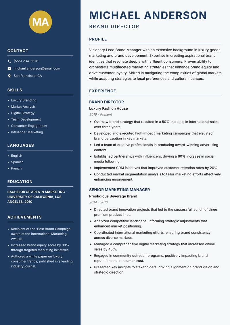 Lead Brand Manager Resume Preview Example