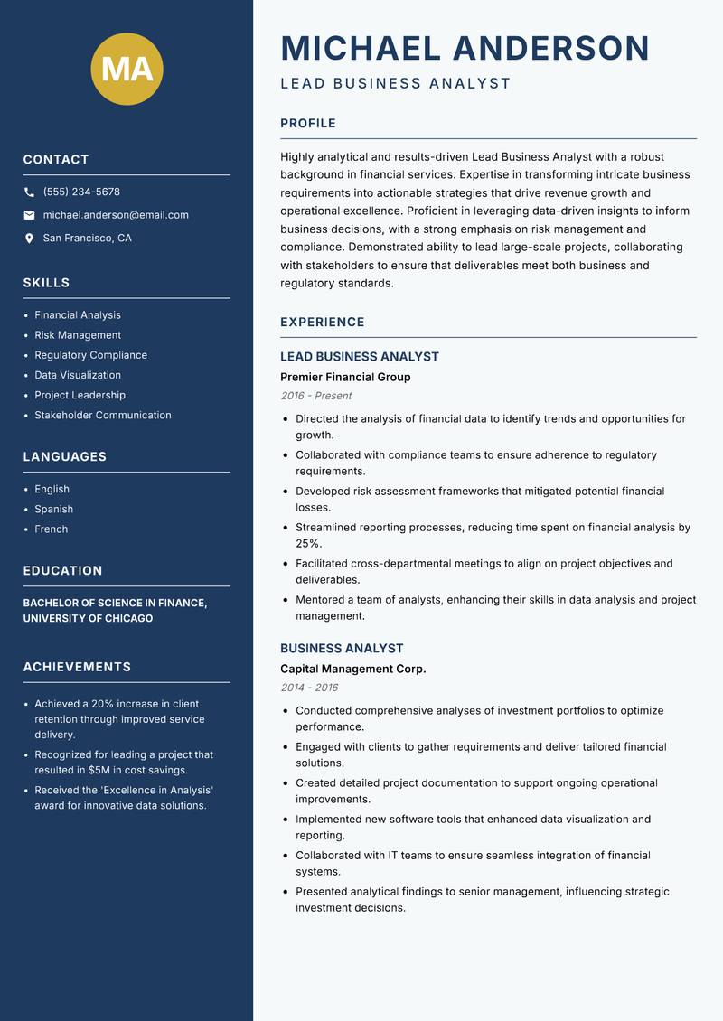Lead Business Analyst Resume Preview Example