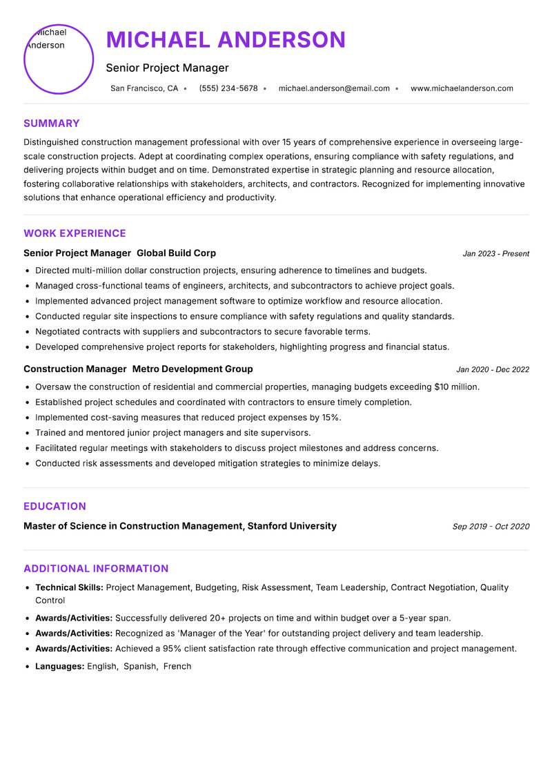 Lead Construction Manager Resume Preview Example
