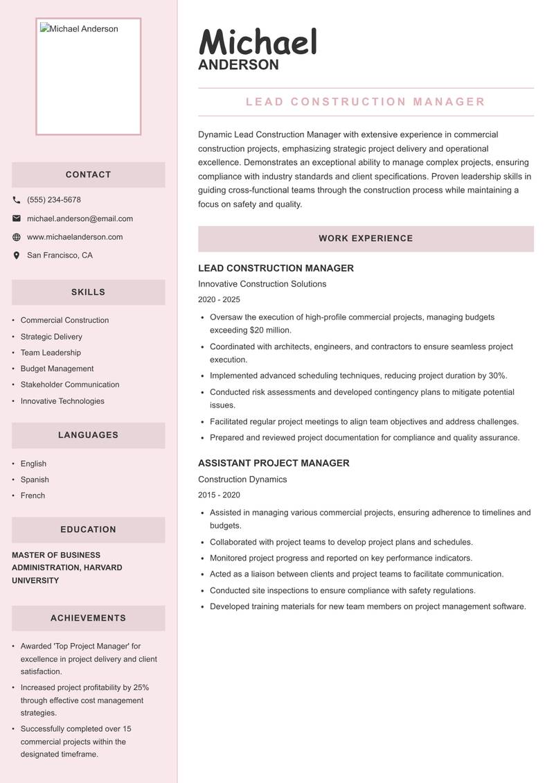 Lead Construction Manager Resume Preview Example