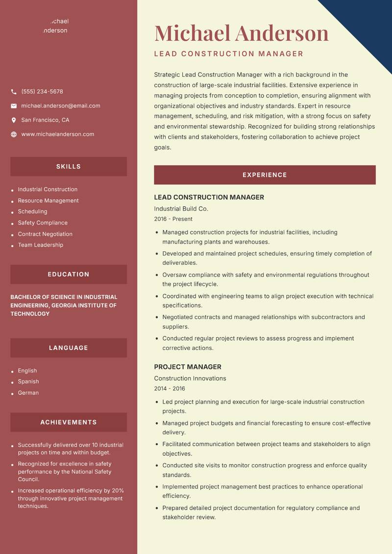 Lead Construction Manager Resume Preview Example