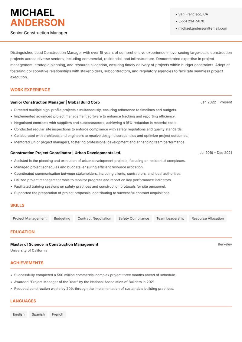 Lead Construction Manager Resume Template