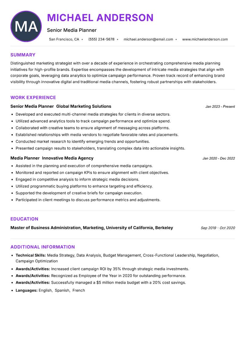 Lead Media Planner Resume Preview Example