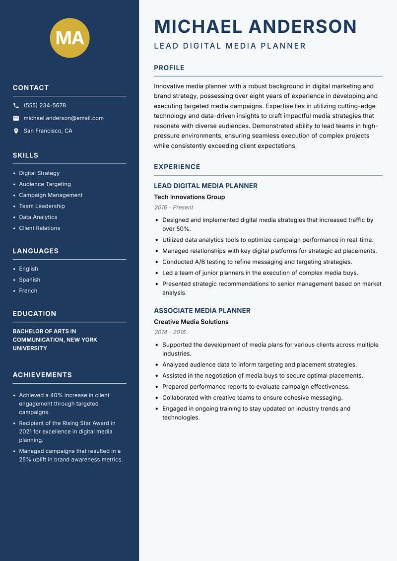 Lead Media Planner Resume Preview Example
