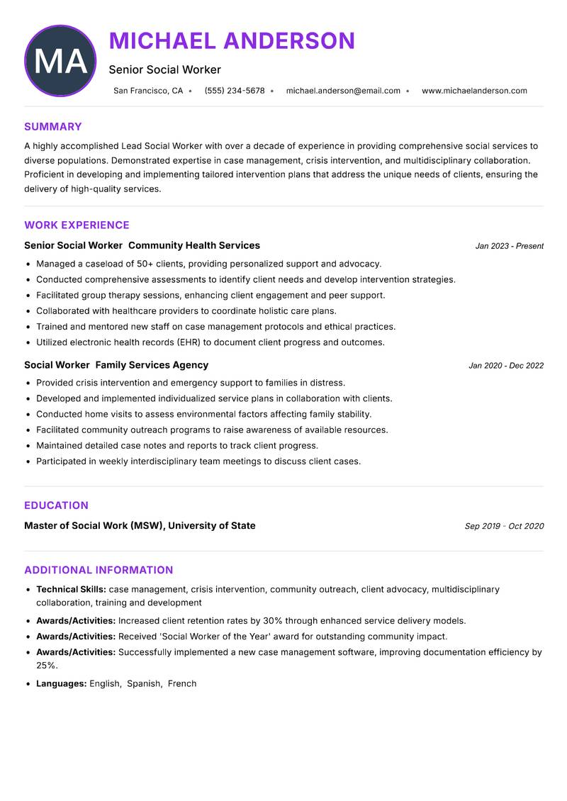 Lead Social Worker Resume Preview Example