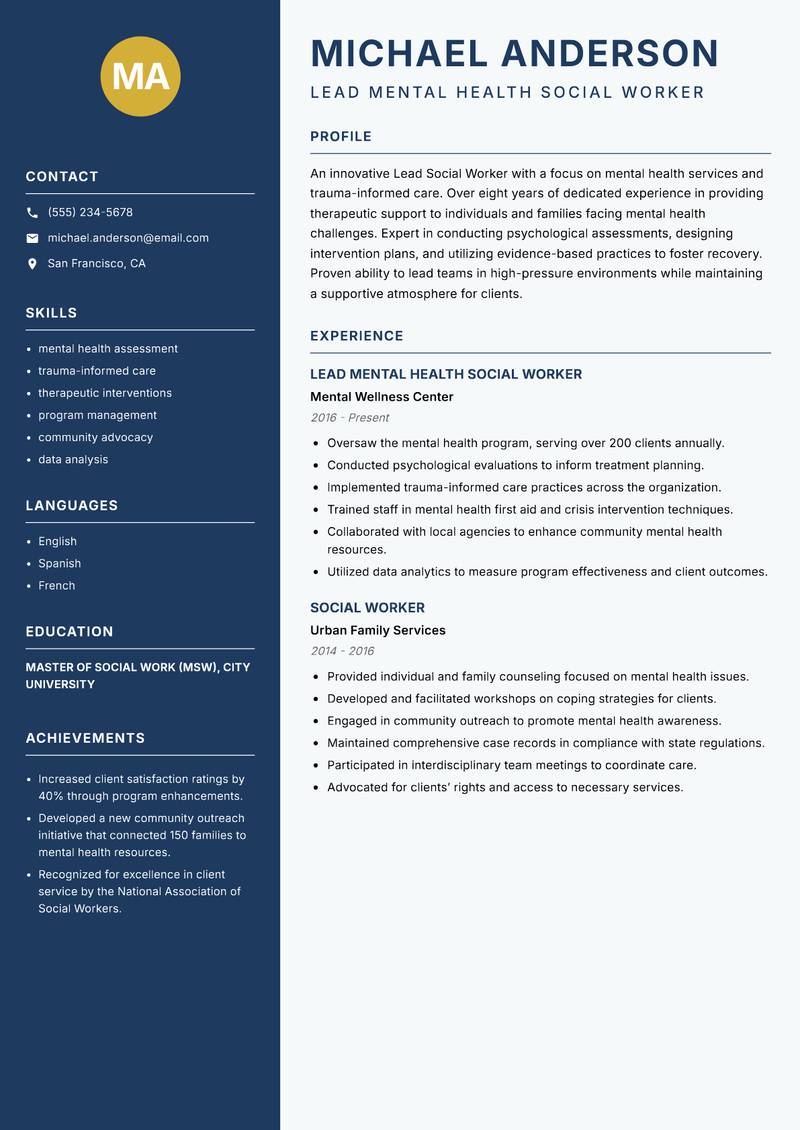 Lead Social Worker Resume Preview Example