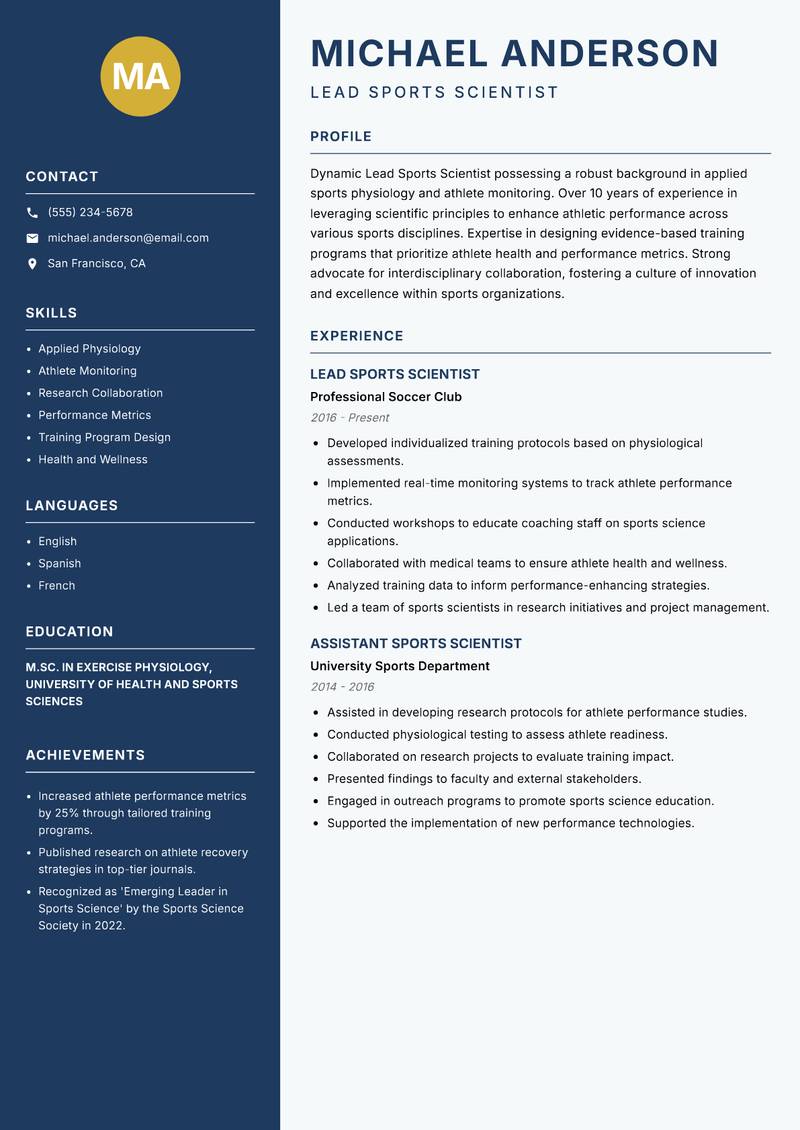 Lead Sports Scientist Resume Preview Example